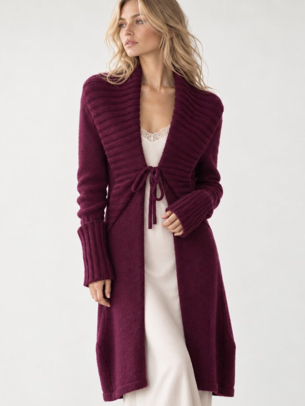 Temperley London 100% Cashmere Purple Long Tie Front Duster Cardigan Luxurious